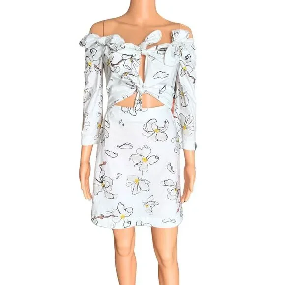 Isa Arfen White Floral Print Tie Knot Front Cutout Mini Dress 3/4 Sleeve Small - Picture 3 of 8